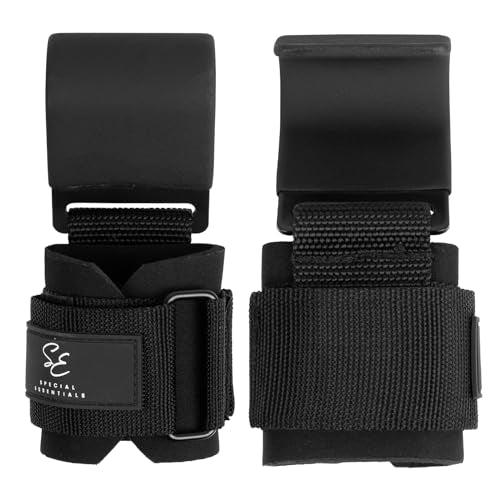Special Essentials Weight Lifting Hooks - 1 Pair of Premium Steel Hooks with Padded Wrist Straps for Enhanced Grip, Support, and Comfort During Heavyweight Lifting and Pull-ups - Ideal for Powerlifting, Deadlifts, and Rows - color: Black
