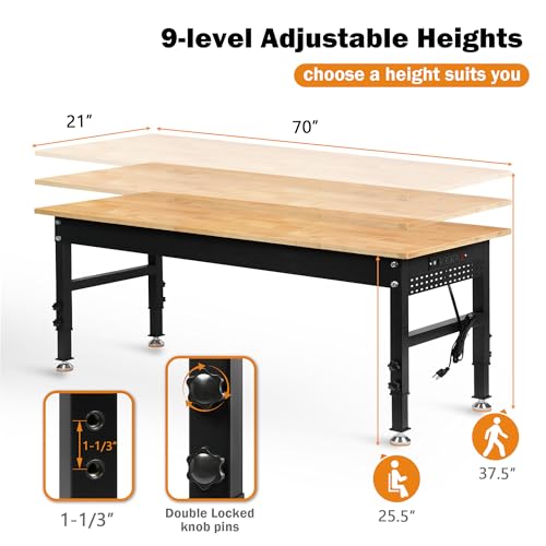 Betterhood 70" Adjustable Height Workbench, 2000 LBS Heavy Duty Work Table with Power Outlets & Pegboard, Rubber Wood Workstation for Garage, Workshop, Office, Home, Commercial - size: Rubber Pad / Pegboard / Power Outlets / 70"x21"