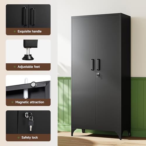 Letaya 71" H Metal Storage Cabinet with 2 Doors and 4 Shelves,Tall Kitchen Pantry Cabinets,Utility Pantry Organizers for Cupboard/Dining/Bathroom/Home Office/Garage, Steel Tool Cabinets - color: Black, size: 70.9 X 32 X 16 In(H X W X D)