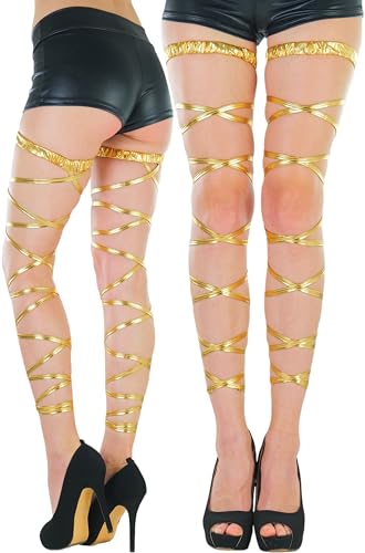 ToBeInStyle Women's Leg Wraps Ravewear Dancewear Elastic Straps Party Garter Music Festivals Costume Accessory Thigh High - color: Classic Gold (Longer), size: One Size