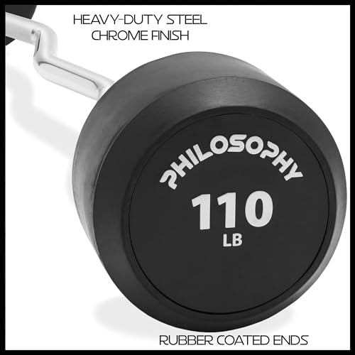 Philosophy Gym Rubber Fixed Barbell, Pre-Loaded Weight EZ Curl Bar for Strength Training & Weightlifting - style: 110 LB