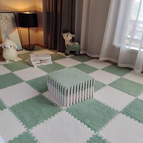 10pcs Plush Puzzle Foam Floor Mat, Soft Fluffy Interlocking Square Foam Tiles Area Rugs Carpet for Parlor Bedroom Decoration(11.8x11.8in, Green&White) - color: Green&white