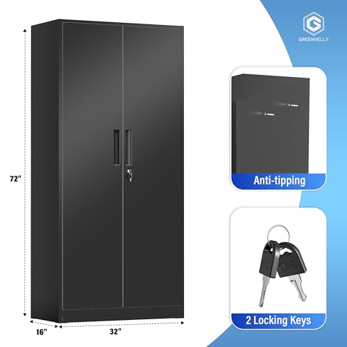 Greenvelly Metal Cabinet, 72" Black Locking Metal Storage Cabinet with 2 Doors and 4 Adjustable Shelves, Lockable Garage Storage Cabinets for Home Office, Garage, Kitchen, Living Room - color: Black, size: 71 Inch Handle
