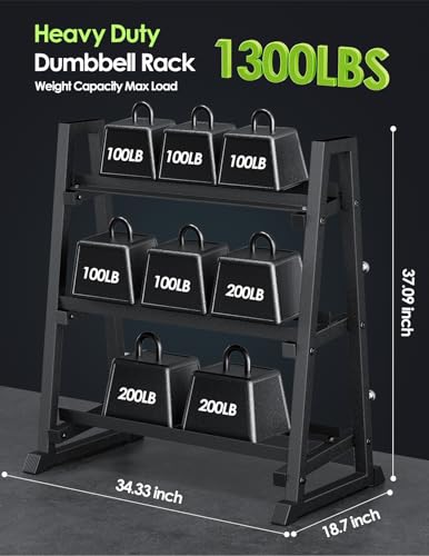 Leteuke 3 Tier Dumbbell Rack Stand Only, 1300LBS Heavy Duty | Trapezoidal Frame for Stability, Space-Saving Design; Fits Dumbbells, Kettlebells, Barbells for Home Gym