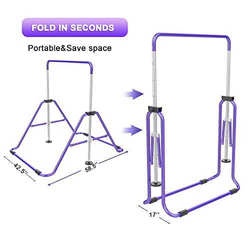 RINREA Gymnastic Bars for Kids, Adjustable Height Horizontal Bar for Home | 5-Height 35"-51", Foldable & Space-saving, Indoor Outdoor Training Kip Bar, with Gymnastics Rings & Gymnastics Pad - color: Purple