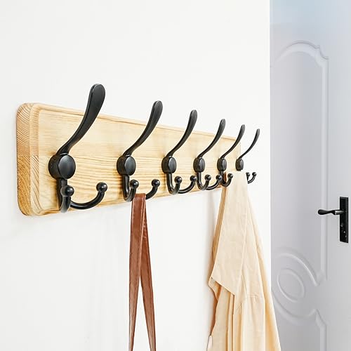 Dseap Coat Rack Wall Mounted - 24" Long 6 Tri Hooks, Heavy Duty Wooden Wall Coat Hanger Coat Hook for Clothes Hat Jacket Clothing, Weathered Light Natural and Black - color: Light Brown & Black, size: L=24"