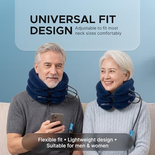 Inflatable Neck Stretcher for Neck Pain Relief, Cervical Traction Device with Hand Pump, 3-Layer Adjustable Neck Decompression Collar for Pinched Nerve, Stiff Neck & Tech Neck Support | Breathable Material - color: Midnight Navy Blue