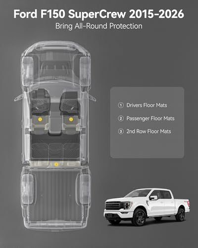 3W Floor Mats for Ford F-150 2015-2025 2026 & F150 Lightning 2022-2025 SuperCrew (w/o Fold Flat Storage), TPE All Weather Custom Fit, Front & Rear 3PCS | Heavy Duty, Easy Clean - Black