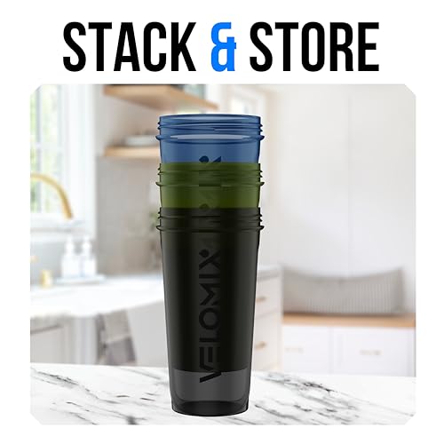 VELOMIX 3 Pack 14 oz Protein Shaker Bottle for Mixes - 1 Wire Whisk Ball | Stackable Leak Proof Cups | Dishwasher Safe, BPA-Free - color: Green,Black,Blue