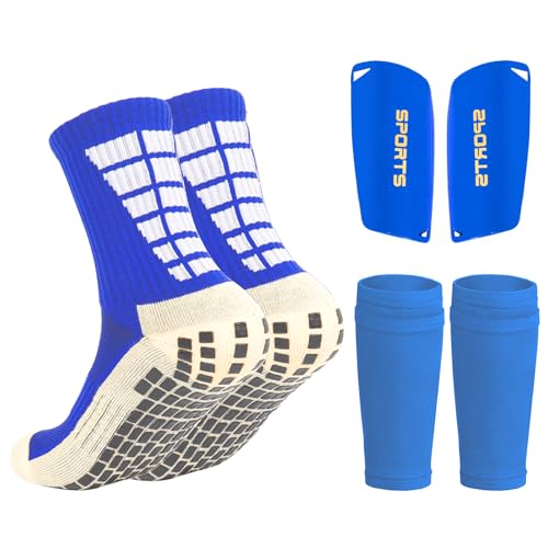 Soccer Socks with Shin Guard for Men, 1 Pairs Mens Grip Soccer Socks and 1 Pairs Shin Sleeves with Shin Guards, Footaball Equipment Shin Sleeves with Pads for Adults - color: blue