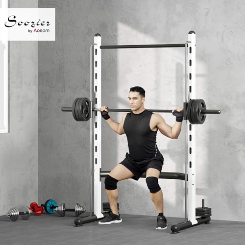 Soozier Squat Rack with Pull-Up Bar, Adjustable Power Rack with Barbell Bar, Multi-Functional Steel Bench Press Rack for Home Gym Strength Training, Black - color: White