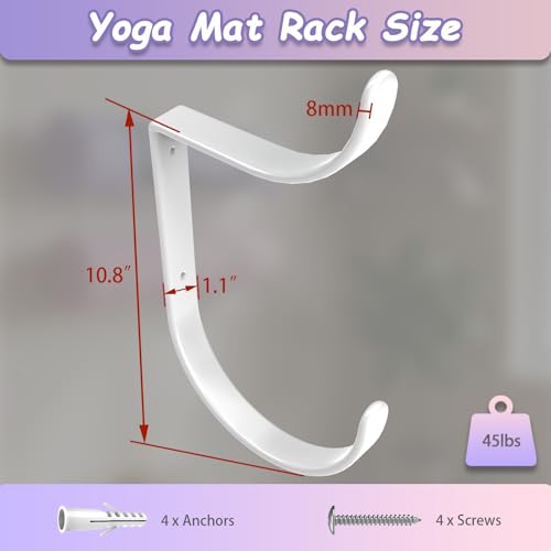 Wall Mount Yoga Mat Holder, Rubber Coated Yoga Mat Storage Rack for Yoga Mats, Foam Rollers, Exercise Mats, Pilates Mats and Hanging Home Fitness Equipment