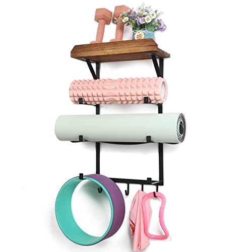 Yoga Mat Holder Wall Mount,17" x 28" Yoga Mat Rack Home Gym Accessories, Storage for Foam Roller, with Wood Floating Shelves and 5 Hooks for Hanging Yoga Strap and Resistance Bands - color: Carbonized Black