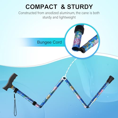supregear Folding Cane, Lightweight 5-Level Adjustable Walking Stick with Wrist Strap and T-Handle, Portable Mobility Aid for Elderly and Disabled Men and Women - color: Floral Blue