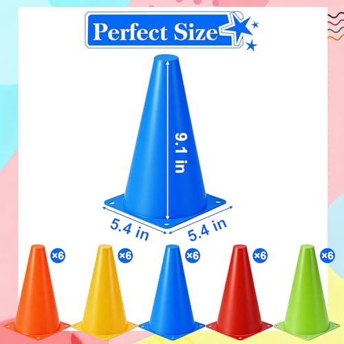 Fasmov 30 Pack Plastic Training Cones, 9 Inches Traffic Cones Indoor Outdoor Sports Agility Cones Soccer Flexible Cone Sets for Soccer, Skating, Drills, Football, Basketball, Assorted Colors