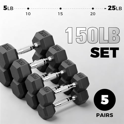 RitFit Rubber Coated Hex Dumbbell Set with Rack, 5-780LB for Home Gym Strength Training, Anti-Slip Knurled Handle, Hexagon Anti-Roll, Heavy-Duty Storage Rack - style: 150 LB Set（5-25LB)