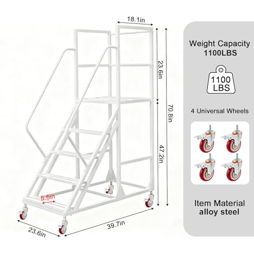 5 Step Rolling Ladder with Handrails, 1100 lbs Capacity Heavy Duty Mobile Warehouse Ladder with Wheels, Industrial Steel Non-Slip Rolling Stairs with Large Platform, for Garage Stockroom Library - color: White, size: 5 Step