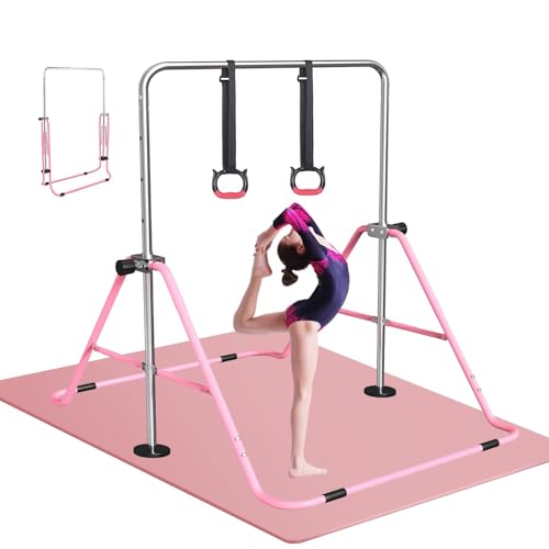 FBSPORT Gymnastics Bar for Kids Adjustable Height Gymnastic Horizontal Bar | Adjustable height, Supports up to 140 lbs, Junior Training Bar Children Folding Training Monkey Bars for Home Using - color: Pink+Mat