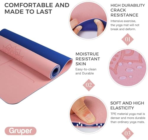 Gruper Yoga Mat Non Slip TPE Extra Wide Yoga Mat with Alignment Mark, 72"L x 32"W x 0.32"/0.24"Th (183cm x 80cm x 8mm/6mm), Anti-Tear Exercise Mat with Carrying Strap and Bag, Workout Mats for Yoga, Pilates - color: PINK BLUE, size: 0.32*32*72 Inches