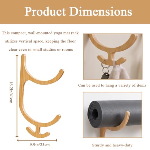 Wooden Yoga Mat Holder Wall Mount with 4 Hooks | Yoga Mat Storage Rack for Home Gym, Resistance Band and Jump Rope Organizer for Foam Roller, Fitness Equipment Storage