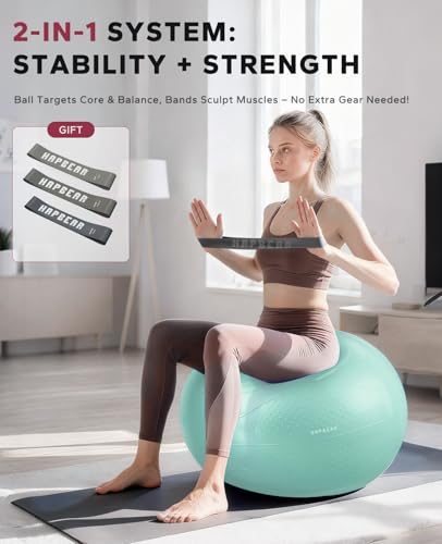 HAPBEAR Exercise Ball- Anti-Burst Slip-Resistant Yoga/Pilates Ball for Core Training & Posture Improvement, Home Gym/Rehab/Pregnancy Ball, Quick Pump & 3 Resistance Bands Included - color: Green, size: M (19-22IN / 48-55cm)