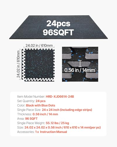 VEVOR 0.56Inch 96sq.ft 24 Tiles Gym Flooring for Home Gym, Rubber Top with High Density EVA Foam, 24 x 24In Gym Floor Exercise Equipment Mats, Interlocking Gym Mats, Puzzle Workout Mats, Black & Blue | Rubber Top with High Density EVA Foam, Lightweight Gy