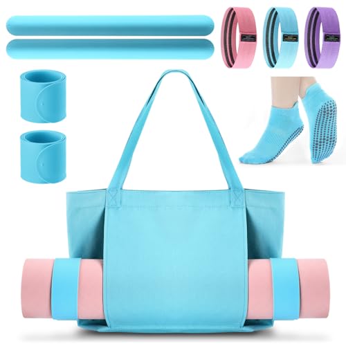 Halloscume Yoga Mat Bag Set for Women Including Yoga Tote Bag (Without Mat) Booty Resistance Bands Non Slip Sports Socks Silicone Ties for Pilates Travel Workout Office Home Gym - color: Green, Blue