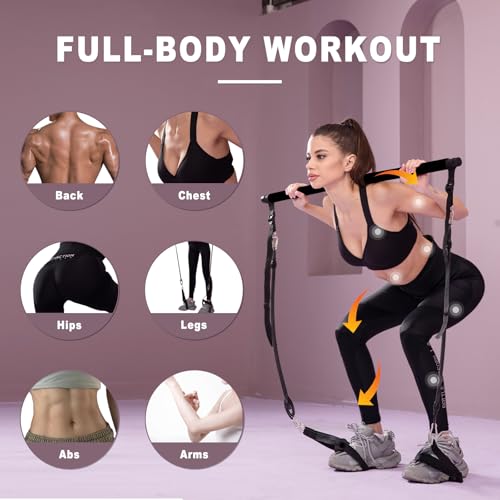 Pilates bar kit Multiple Fitness bar with Resistance Bands, Ab Rollers.Core Strength Training Equipment. Squat Machine for Men and Women.Portable Home Gym Pilates bar kit for Full Body Training Women - style: Basic black