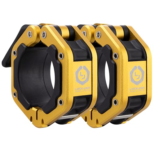 Lock-Jaw Flex Barbell Collars Olympic Barbell Clamps w/Magnet 2 Pcs – Heavy Duty Bar Clamps for 2” & 50mm Olympic Bars – Secure Weight Bar Clamps for Strength Training & Home Gym Accessories - color: Gold