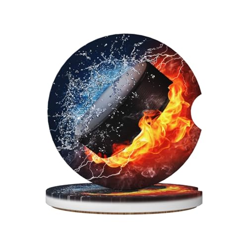 Hockey Fire Car Coasters for Cup Holders, 2 Pack Absorbent Ceramic Drink Cup Coaster for Women Men, Auto Interior Accessories - color: T12