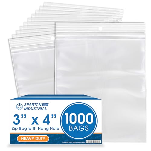 3" X 4" Heavy-Duty Zip Bags With Hang Hole for Displays (1000 Count) - 4 Mil Plastic Resealable Bags for Storage and Packaging - Spartan Industrial - size: 3" X 4"