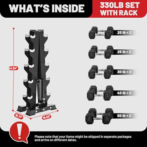 Hex Dumbbell Sets with Rack, 85-560lb Dumbbell Weight Set & Storage Rack | PAPABABE Dumbbell Set with Stand, Rubber Dumbbell Weight Set, Multiple Options Hand Weight for Strength Training - size: 330lb(20, 25, 30, 40, 50lb)x2 & T-Bar Rack