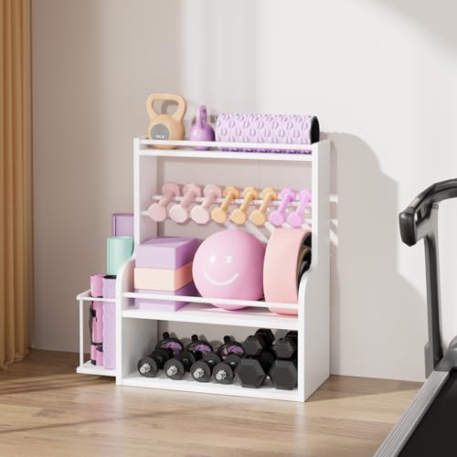 APRTAT Bamboo Dumbbell Rack, Adjustable Weight Rack for Home Gym, All-in-One Workout Equipment Storage for Dumbbells, Kettlebells, Yoga Mats & Balls - color: White