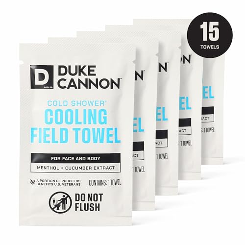 Duke Cannon Cold Shower Cooling Field Towels, 15 Count, 1 Box | Menthol, aloe and jojoba provide instant cooling and cleansing with 15 individually wrapped towels in a resealable pouch.