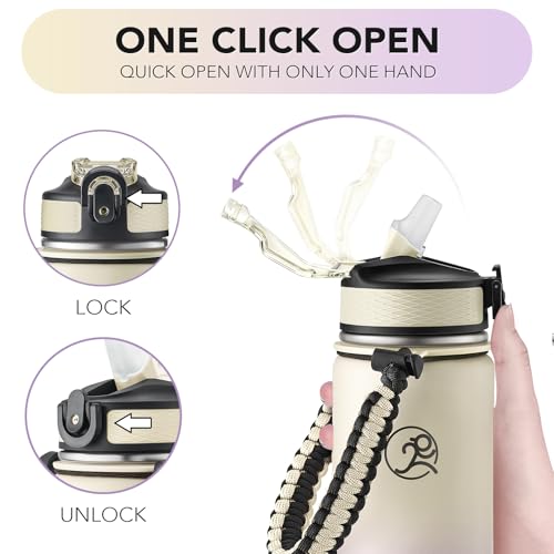 GOSWAG 24oz Insulated Stainless Steel Travel Water Bottle, 2 Lids | with straw and no straw, Paracord handle, Double-wall vacuum keeps drinks cold or hot, Leakproof tumbler - color: Beige-Purple Ombré