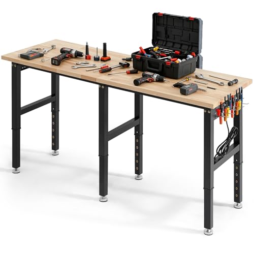 VEVOR Adjustable Workbench, 5000 lbs Capacity, 72 x 24 Inch Oak Wood Top Workstation with 4 AC Outlets & 2 USB Ports, Heavy-Duty Hardwood Worktable for Garage, Workshop, Home, Office, Commercial - size: 72 x 24 x 29.1-39 in