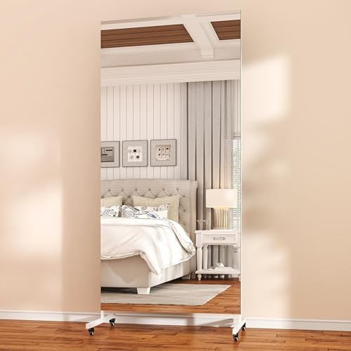 Hasipu 71" x 24" Home Gym Mirror 360° Swivel on Wheels, White | Tempered glass, sturdy metal frame, smooth rolling casters, removable stand, ideal for gym, bedroom, dance studio & yoga. - color: White, size: 71"L x 24"W