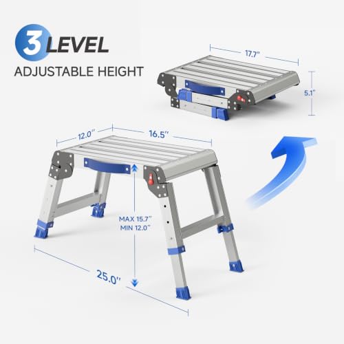 Loyoda Folding Step Stool for Adults, Portable Aluminum Work Platform 440lb | 12"-15.7" Adjustable Height, 12" x 16.5" Wide Platform for Garage, Painting, Reach High Shelves, Gardening, Car Wash - size: Regular