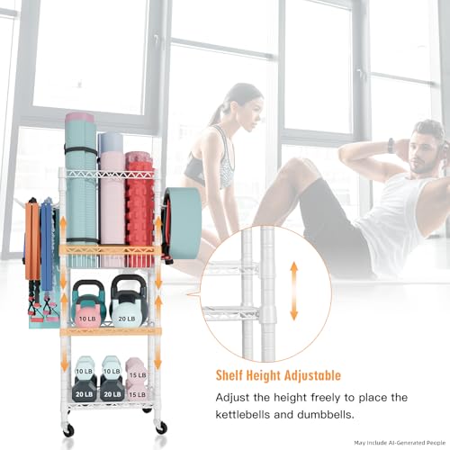 FUTASSI Home Gym Storage, 3 Tiers Workout Equipment Organizer with Wheels for Yoga Mats, Foam Roller, Dumbbells, Kettlebells, and Resistance Bands - color: White, size: Single-Row