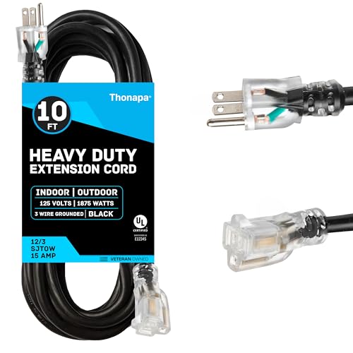 Thonapa 12 Gauge Extension Cord 10 Ft Outdoor - 12/3 Heavy Duty, 3 Prong | SJTOW Oil Resistant Black Cable, Lighted End, Grounded Plug, For Job Sites, Garden & Major Appliances - color: Black, size: 10 Foot
