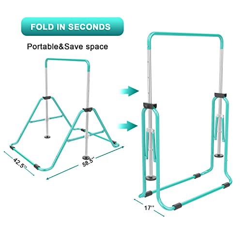 RINREA Gymnastic Bars for Kids, Adjustable Height Horizontal Bar for Home | 5-Height 35"-51", Foldable & Space-saving, Indoor Outdoor Training Kip Bar, with Gymnastics Rings & Gymnastics Pad - color: Green