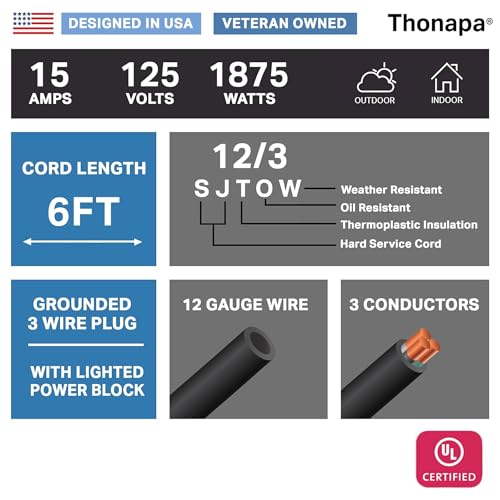 Thonapa 12 Gauge Extension Cord 10 Ft Outdoor - 12/3 Heavy Duty, 3 Prong | SJTOW Oil Resistant Black Cable, Lighted End, Grounded Plug, For Job Sites, Garden & Major Appliances - color: Black, size: 10 Foot