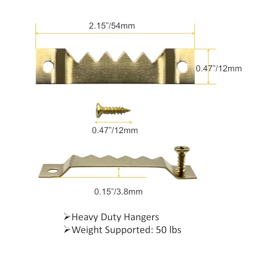 50 Pack Large Heavy Sawtooth Picture Hangers Steel Picture Hangers with Screws Picture Hang Solutions, for Hanging Clock Paintings Artwork Picture Frame Hook Photos (Gold，Supports 50 lbs) - color: Large Gold - 50 Pack