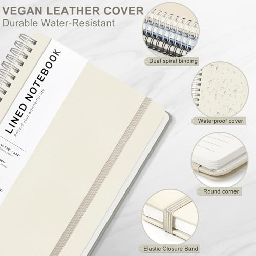 ABERLLS Lined Spiral Journal Notebook with 160 Pages, 8×5.7in, A5 Spiral Notebook, Journaling Notebooks for Work, School, Women, Men, College Ruled Spiral Notebook, Hardcover Leather Journals, Beige - color: Light Yellow, size: A5