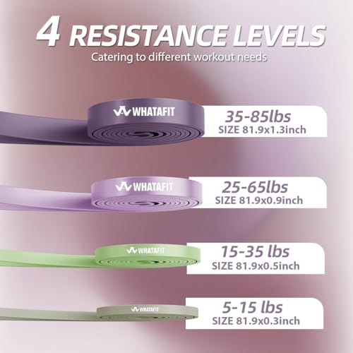 WHATAFIT Resistance Bands, Pull Up Assist Bands with Handles, Door Anchor | Natural Latex Rubber, Progressive Tension, Exercise Loop for Full-Body Fitness, Portable Gym Bag, Warm-Up & Stretch - color: 5-85LBS GRAY PURPLE