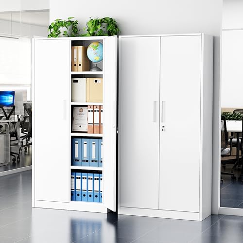 Greenvelly White Metal Storage Cabinet, 72" Locking Storage Cabinets with Doors and 4 Shelves, Tall Tool Storage Cabinet for Garage, Steel Lockable File Cabinet Metal Locker for Home Office, Classroom - color: White, size: 71 Inch