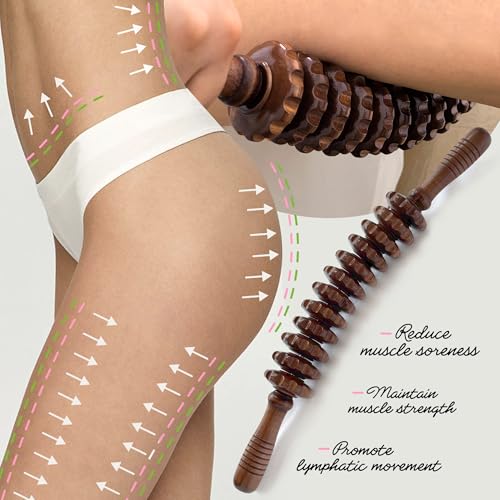 Wooden Curved Handheld Roller Stick Massager - 12 Rollers Wood Therapy Tool for Trigger Point, Fascia & Cellulite Reduction, Lymphatic Drainage, Muscle Tension Relief & Body Shaping (Brown) - color: Brown Curved-12 Rollers