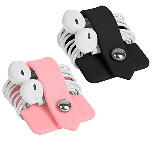 Silicone Earphone Organizer Earphone Wrap Winder Headphone Cord Organizer Wrap Winder Manager/Cable Winder 2 Pieces - color: Black + Pink