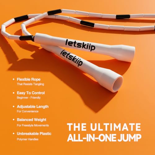 Classic Beaded Jump Rope, Adjustable Tangle-Free Set | 4 styles, segmented skipping rope with shatterproof PP beads, for indoor/outdoor fitness, kids & adults, 10 spare beads & bag - color: Black/White