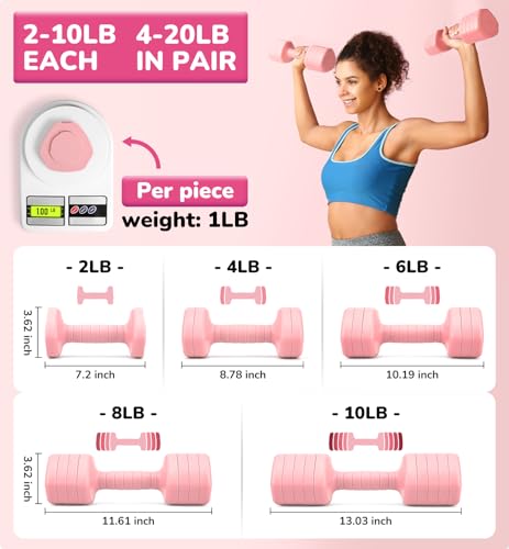 Adjustable Dumbbell Set of 2, 10LB 20LB 30LB Weight Set | Hand Weights for Women Men, Dumbbells for Home Gym Outdoor Exercise & Muscle Toning Weight Loss Rehab Strength Training - color: Pink, style: 20 lb, Pair-Rubber Handle